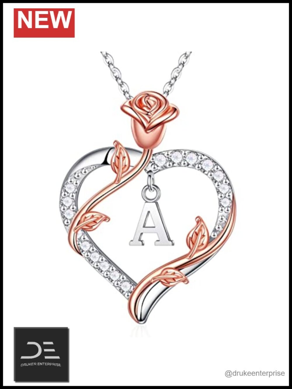 925 Sterling Silver Rose Heart Initial Necklace Pendant for Women Gift